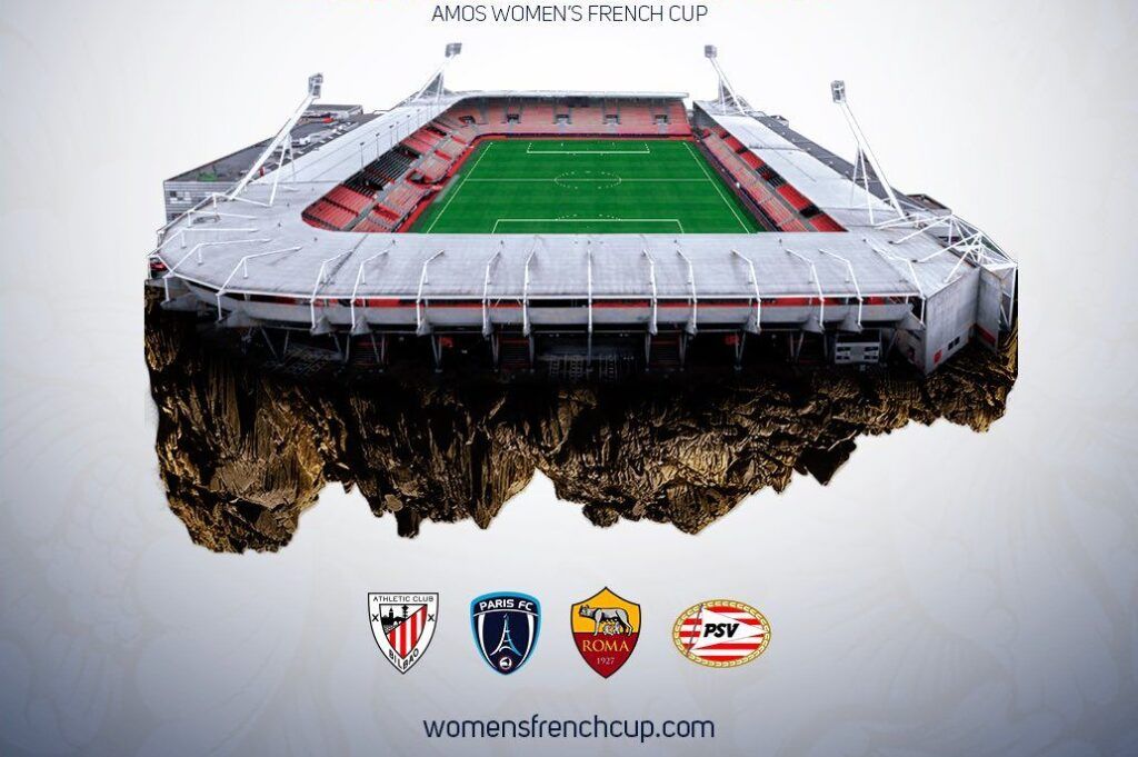 El Athletic disputará la AMOS Women's French Cup. Cartel promocional del torneo en el que se muestra el estadio y los escudos de los cuatro clubes participantes en esta edición.
