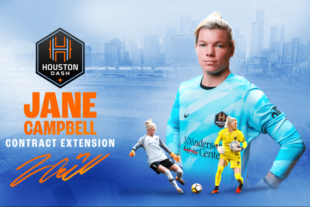 Tenemos Jane Campbell para rato. Imagen de las Houston Dash celebrando la renovación de Jane Campbell hasta 2027.